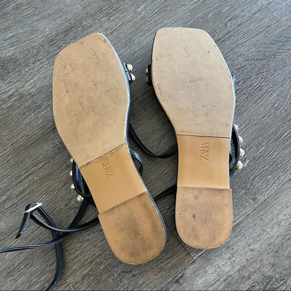 ZARA PEARL STUDDED + STRAPPY FLAT SANDALS US 6 - Picture 5 of 7